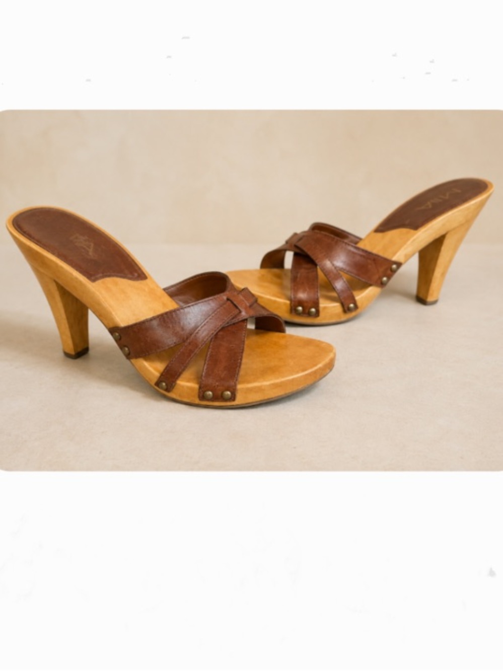 MIA Vintage 90’s Y2K Brown Leather Crisscross Wooden Mule Heels